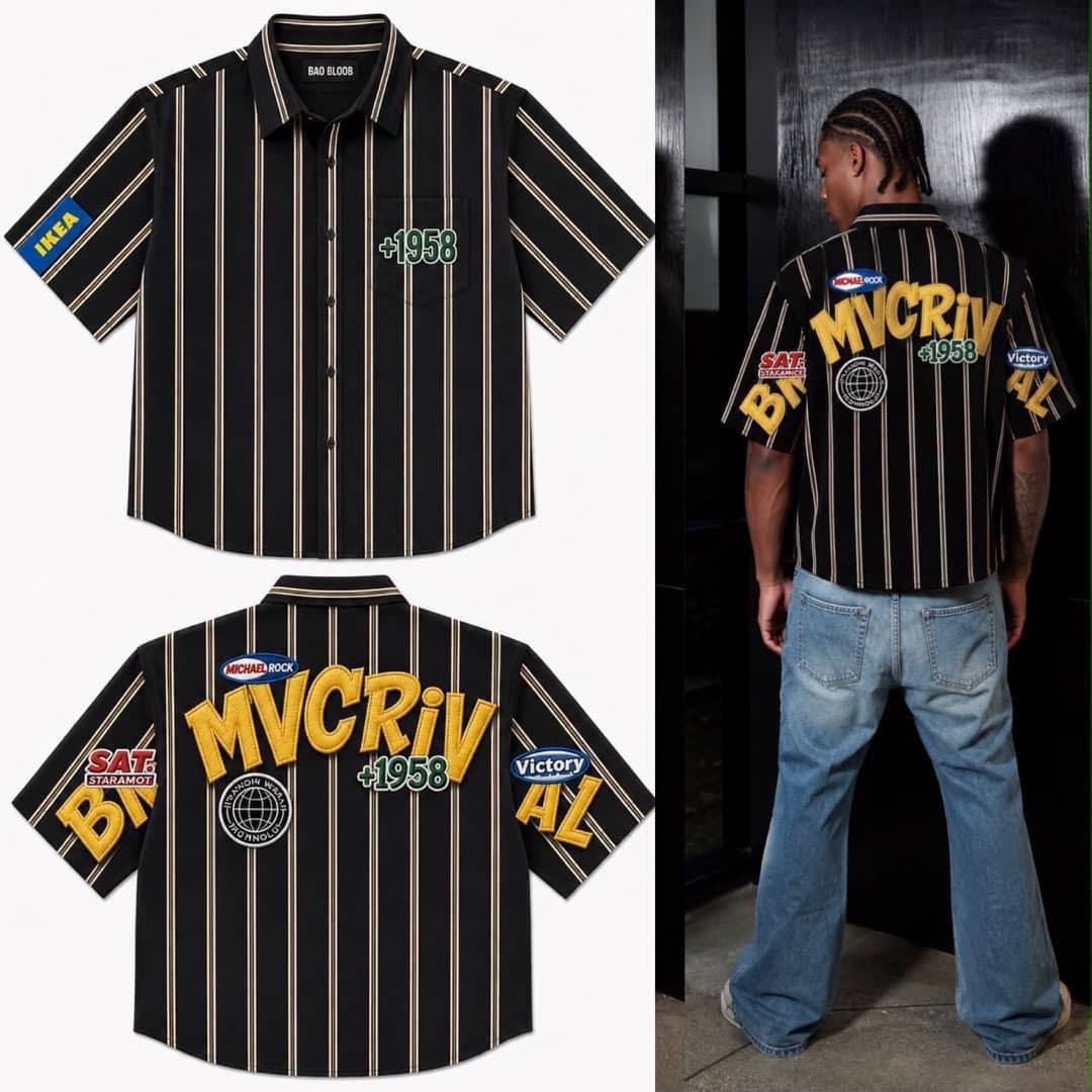Bad Bloob Black Pinstriped Shirt with Gold MYCRIV Back Print